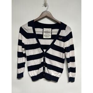 Vintage Y2K Hollister Navy Blue & White Striped Cardigan Womens M Fitted Preppy